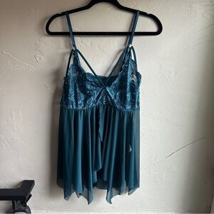 Babydoll‎ Lace & Sheer Teal Cami with Triangle Straps & Front Slit Sz XL Fairy